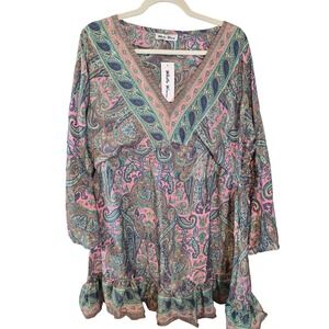 White Waves Pink Paisley‎ Bell Sleeve V-Neck Ruffle Mini Dress Boho Festival NEW